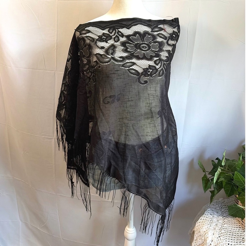 Y2K Black Floral Lace Poncho Wrap Sheer Fringe Asymmetrical Evening Shawl